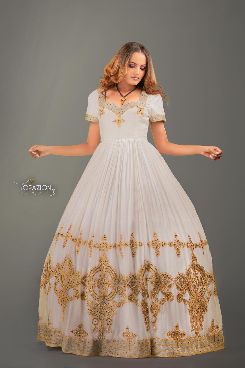 Zuria Habesha Kemis – White with Gold Tibeb (Style 9) – Azmarino Fashion Boutique – view 3