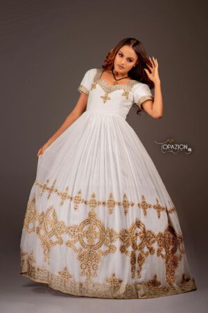 Zuria Habesha Kemis – White with Gold Tibeb (Style 9) – Azmarino Fashion Boutique – view 4