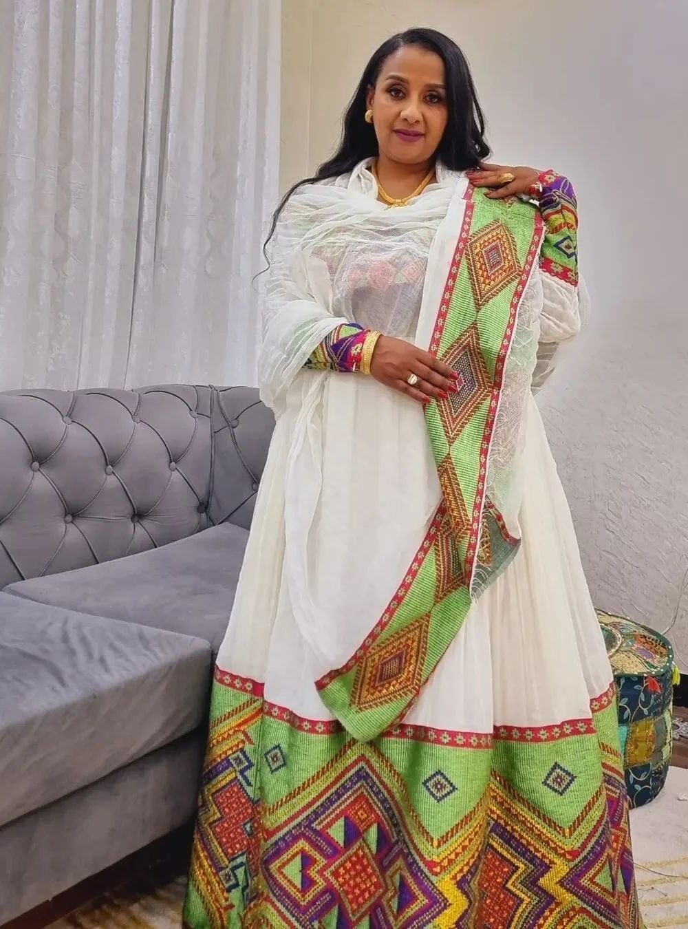 Zuria Habesha Kemis – White with Green & Gold Tibeb (Style 1) – Azmarino Fashion Boutique