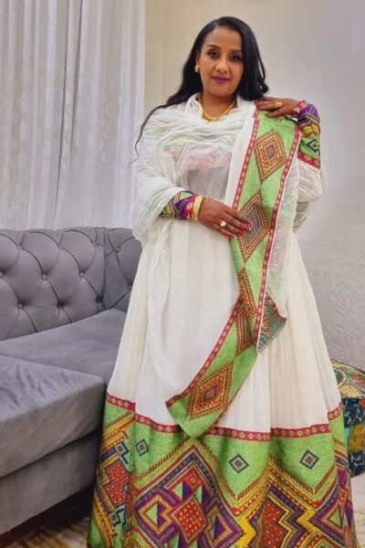 Zuria Habesha Kemis – White with Green & Gold Tibeb (Style 1)