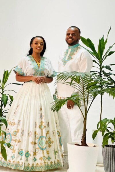 Zuria Habesha Kemis – White with Green & Gold Tibeb (Style 2)