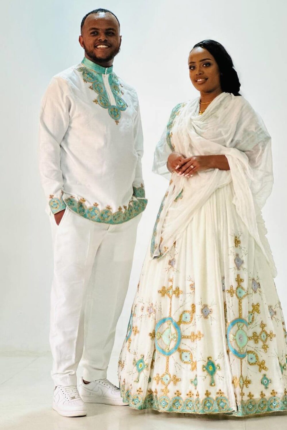 Zuria Habesha Kemis – White with Green & Gold Tibeb (Style 2) – Azmarino Fashion Boutique – view 2