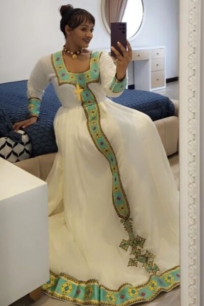 Zuria Habesha Kemis – White with Green & Gold Tibeb (Style 3)