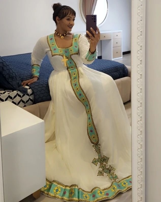 Zuria Habesha Kemis – White with Green & Gold Tibeb (Style 3) – Azmarino Fashion Boutique