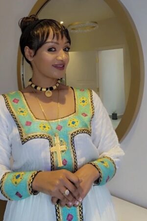 Zuria Habesha Kemis – White with Green & Gold Tibeb (Style 3) – Azmarino Fashion Boutique – view 2