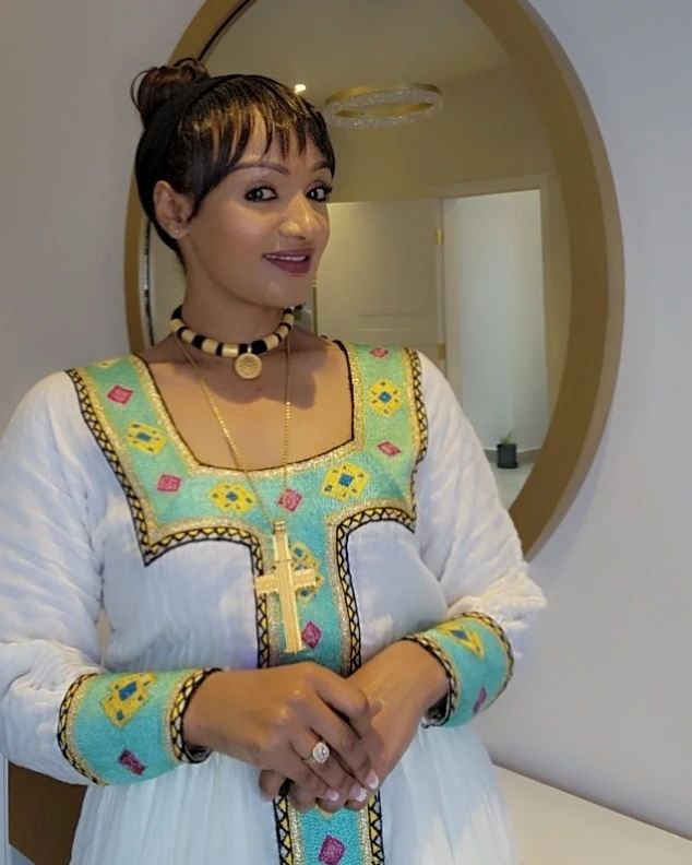 Zuria Habesha Kemis – White with Green & Gold Tibeb (Style 3) – Azmarino Fashion Boutique – view 2