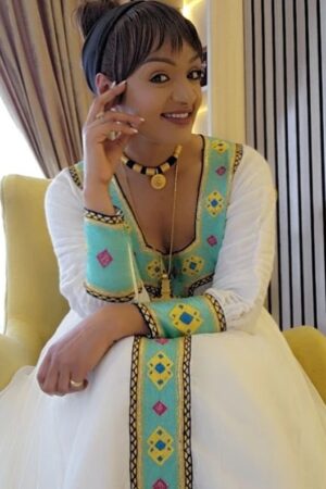 Zuria Habesha Kemis – White with Green & Gold Tibeb (Style 3) – Azmarino Fashion Boutique – view 3
