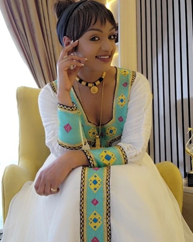 Zuria Habesha Kemis – White with Green & Gold Tibeb (Style 3) – Azmarino Fashion Boutique – view 3