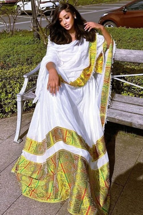 Zuria Habesha Kemis – White with Green & Gold Tibeb (Style 4) – Azmarino Fashion Boutique