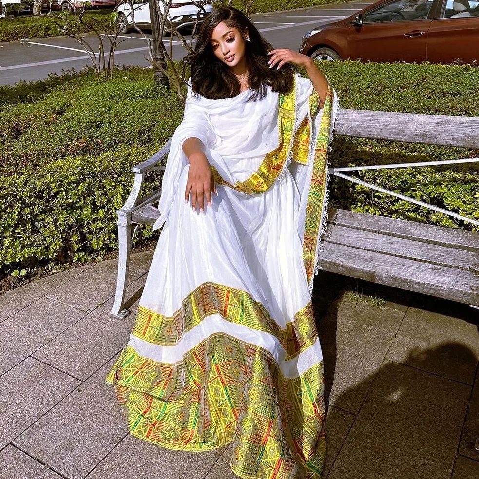 Zuria Habesha Kemis – White with Green & Gold Tibeb (Style 4) – Azmarino Fashion Boutique – view 2