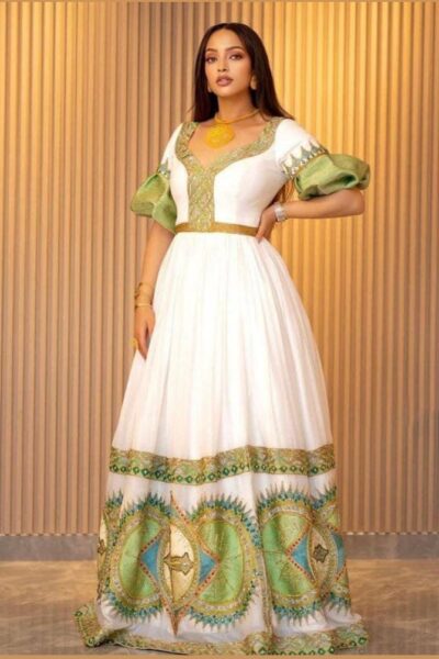 Zuria Habesha Kemis – White with Green & Gold Tibeb (Style 5)
