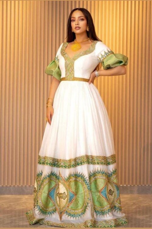 Zuria Habesha Kemis – White with Green & Gold Tibeb (Style 5) – Azmarino Fashion Boutique