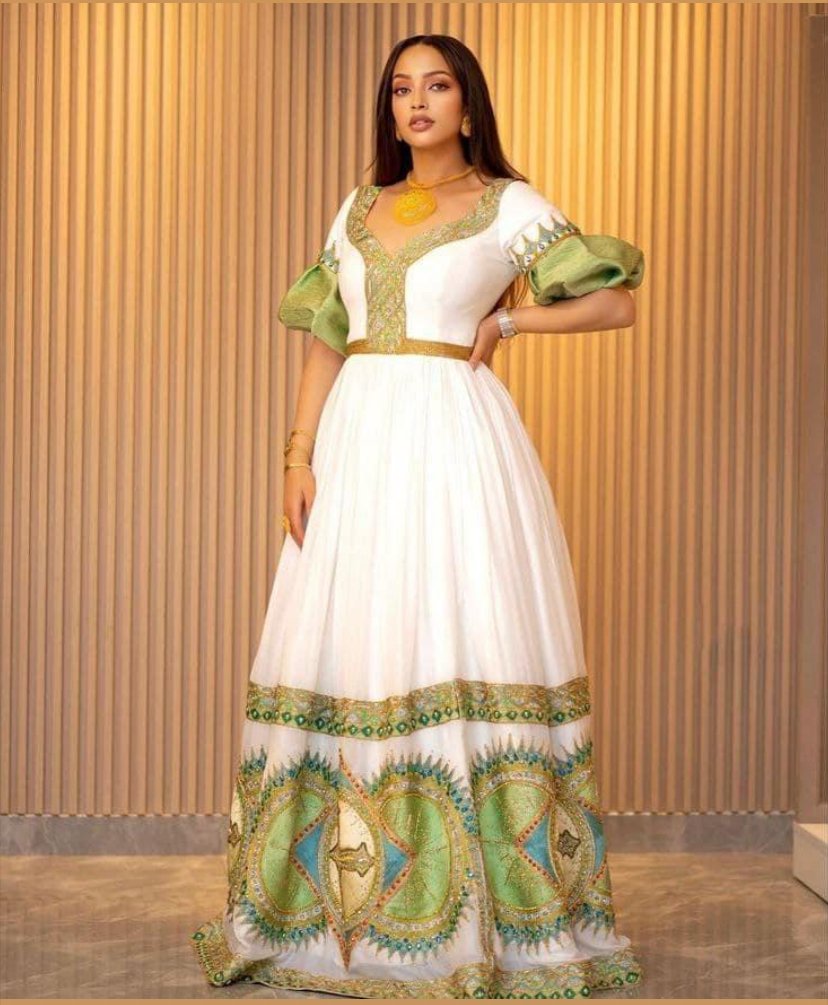 Zuria Habesha Kemis – White with Green & Gold Tibeb (Style 5) – Azmarino Fashion Boutique