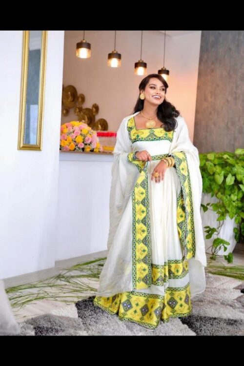 Zuria Habesha Kemis – White with Green & Gold Tibeb (Style 6) – Azmarino Fashion Boutique