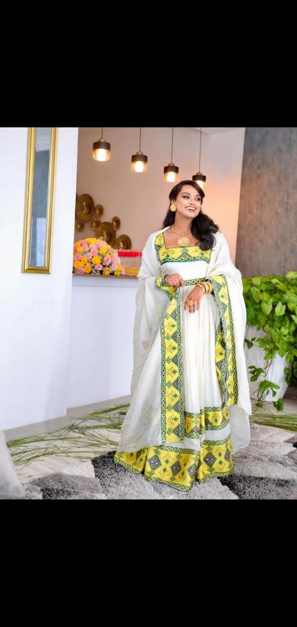 Zuria Habesha Kemis – White with Green & Gold Tibeb (Style 6) – Azmarino Fashion Boutique
