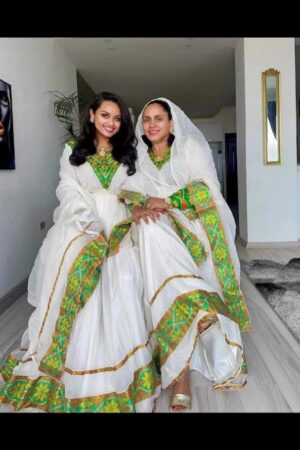 Zuria Habesha Kemis – White with Green & Gold Tibeb (Style 6) – Azmarino Fashion Boutique – view 2