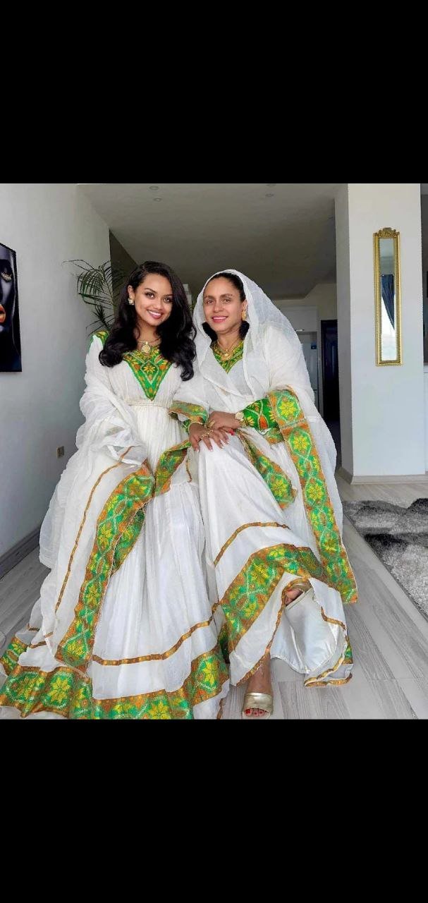 Zuria Habesha Kemis – White with Green & Gold Tibeb (Style 6) – Azmarino Fashion Boutique – view 2