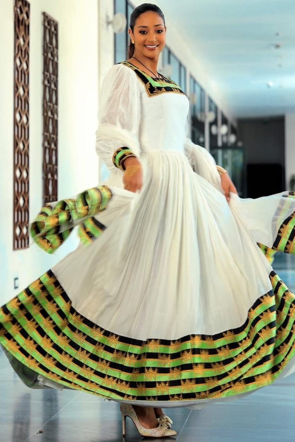 Zuria Habesha Kemis – White with Green & Gold Zig-Zag Tibeb – Azmarino Fashion Boutique
