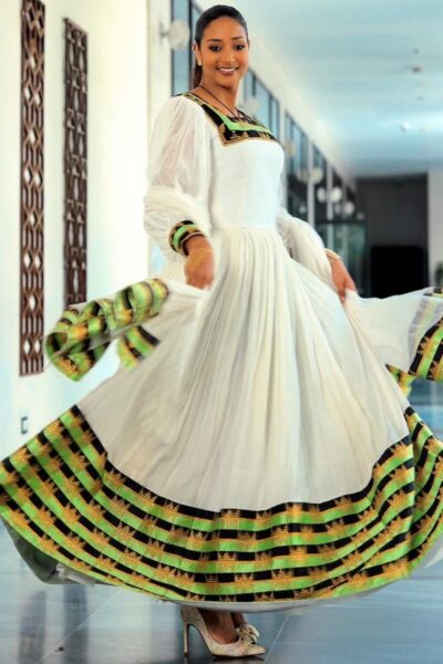 Zuria Habesha Kemis – White with Green & Gold Zig-Zag Tibeb