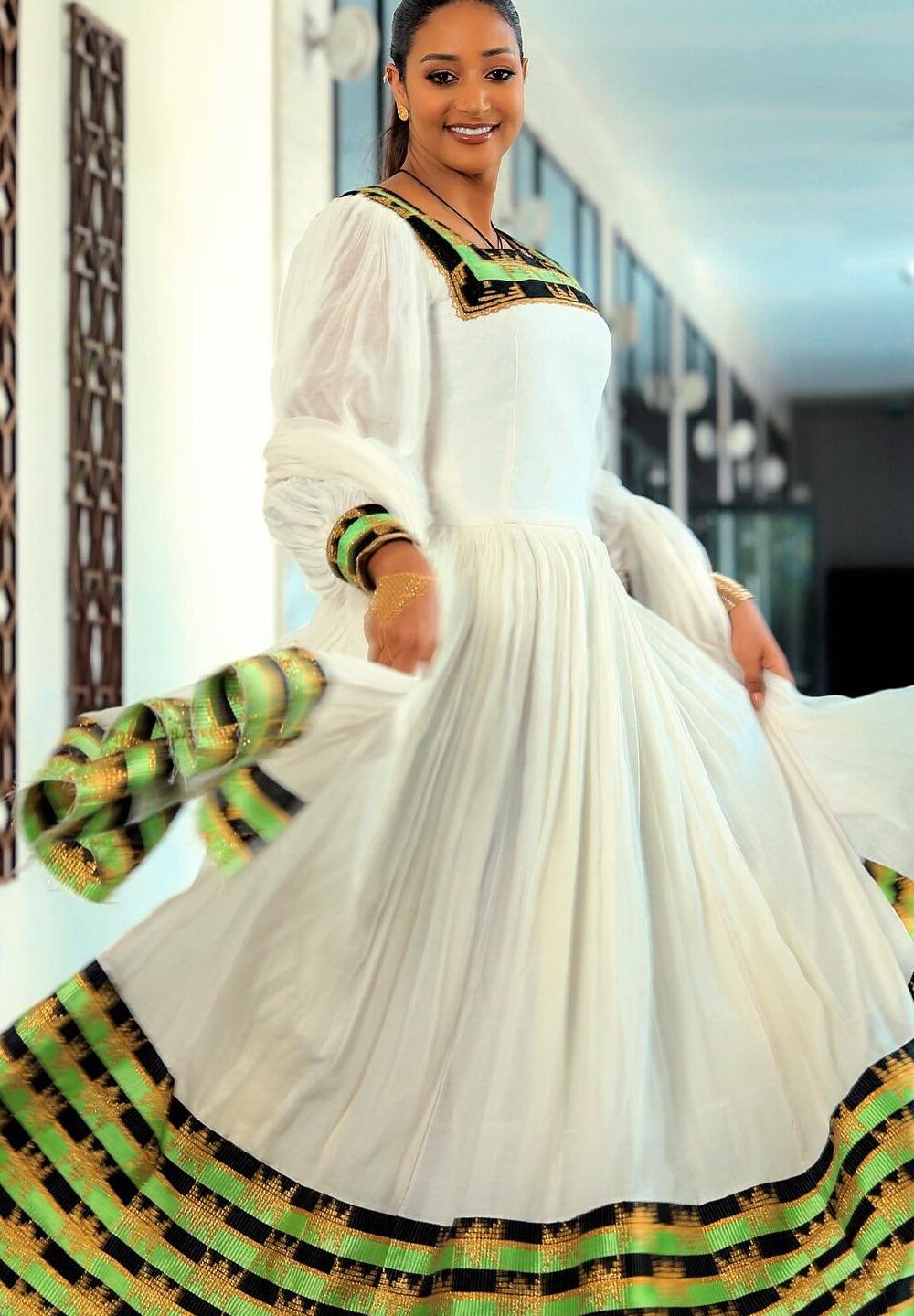 Zuria Habesha Kemis – White with Green & Gold Zig-Zag Tibeb – Azmarino Fashion Boutique – view 2