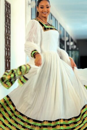 Zuria Habesha Kemis – White with Green & Gold Zig-Zag Tibeb – Azmarino Fashion Boutique – view 2