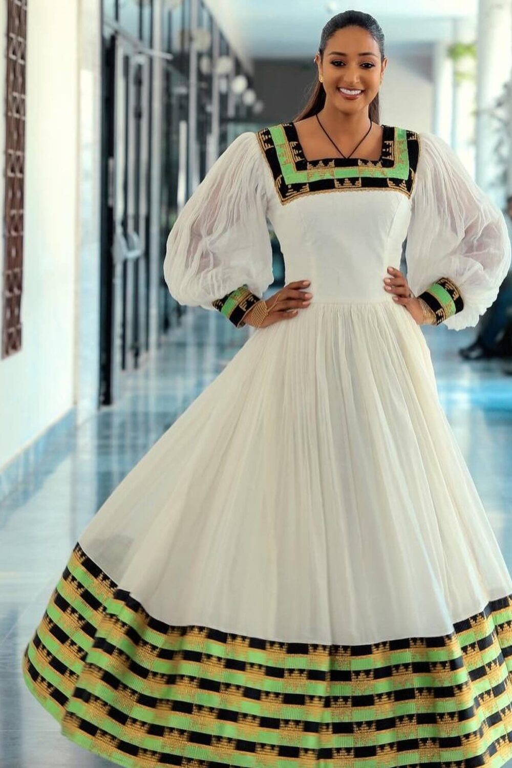 Zuria Habesha Kemis – White with Green & Gold Zig-Zag Tibeb – Azmarino Fashion Boutique – view 3