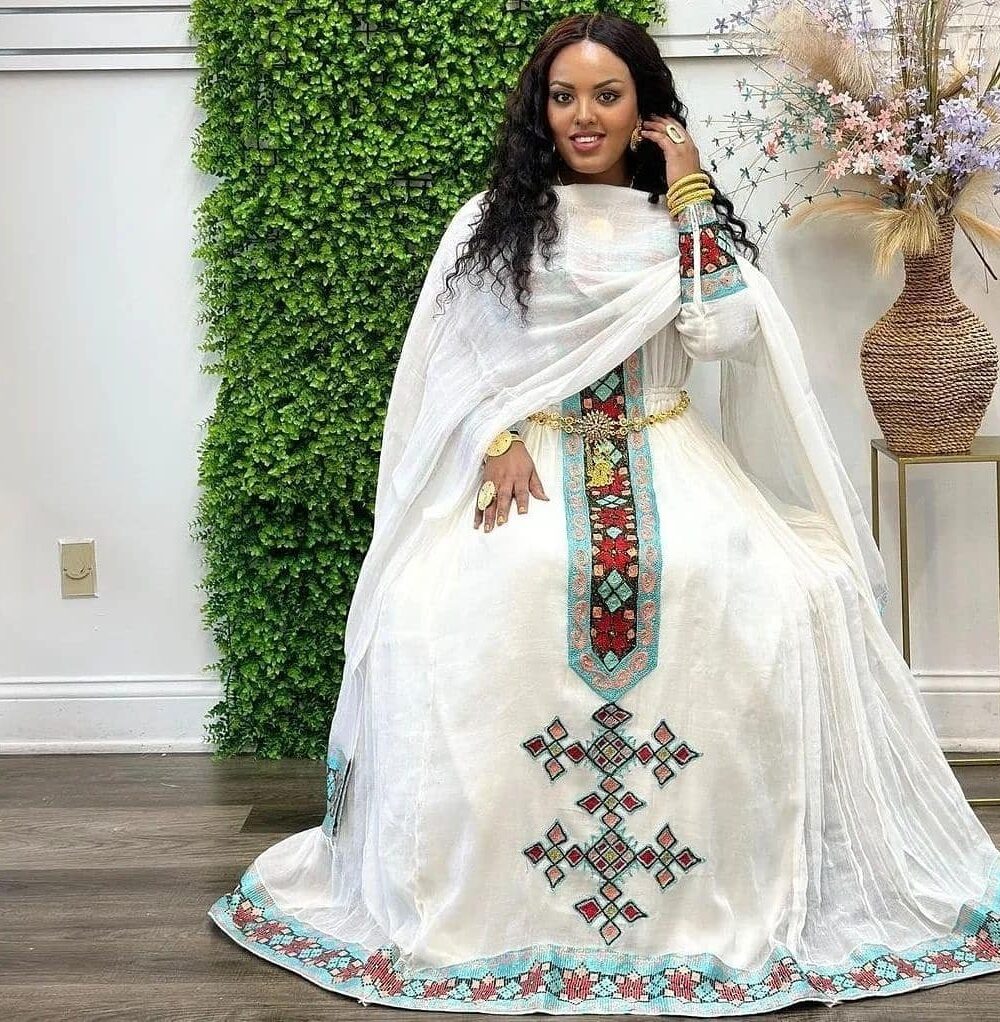 Zuria Habesha Kemis – White with Green Cross Tibeb – Azmarino Fashion Boutique