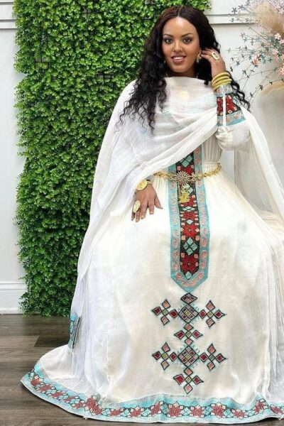 Zuria Habesha Kemis – White with Green Cross Tibeb