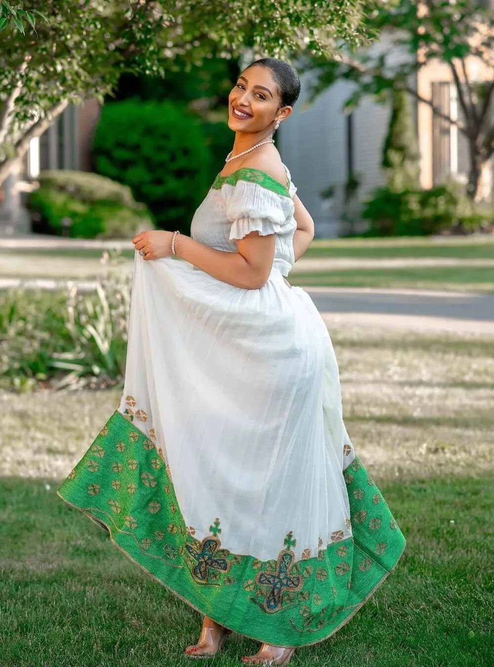Zuria Habesha Kemis – White with Green Tibeb Hem – Azmarino Fashion Boutique