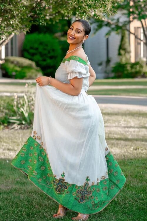 Zuria Habesha Kemis – White with Green Tibeb Hem – Azmarino Fashion Boutique
