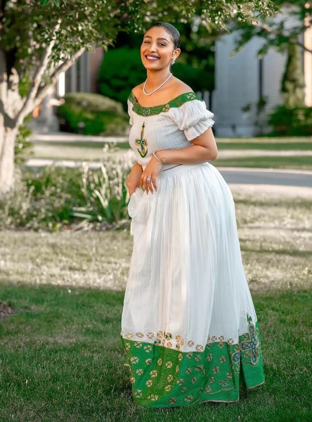 Zuria Habesha Kemis – White with Green Tibeb Hem – Azmarino Fashion Boutique – view 2