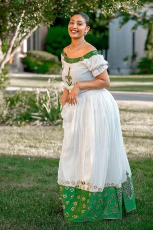 Zuria Habesha Kemis – White with Green Tibeb Hem – Azmarino Fashion Boutique – view 2