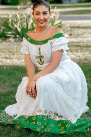 Zuria Habesha Kemis – White with Green Tibeb Hem – Azmarino Fashion Boutique – view 3