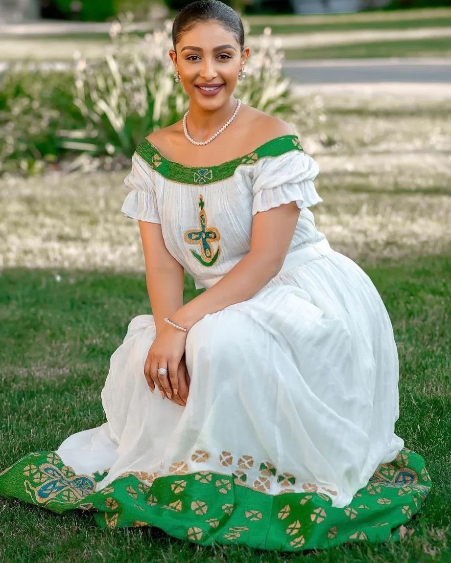 Zuria Habesha Kemis – White with Green Tibeb Hem – Azmarino Fashion Boutique – view 3