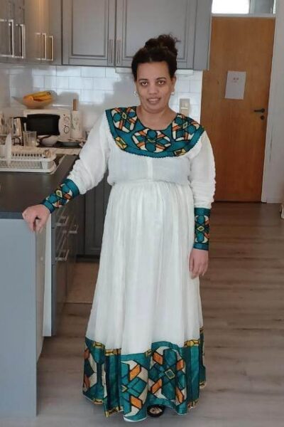 Zuria Habesha Kemis – White with Green Tibeb (Style 1)