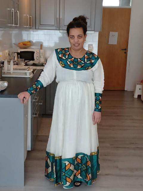 Zuria Habesha Kemis – White with Green Tibeb (Style 1) – Azmarino Fashion Boutique
