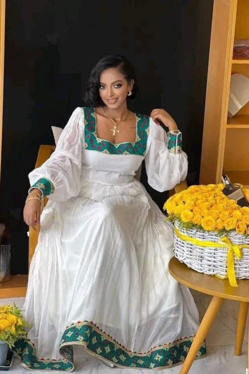 Zuria Habesha Kemis – White with Green Tibeb (Style 10) – Azmarino Fashion Boutique