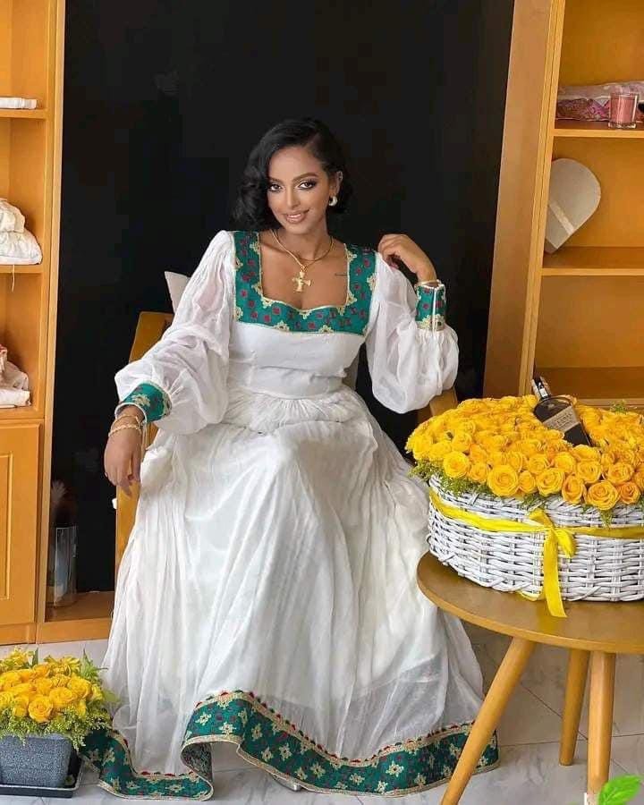 Zuria Habesha Kemis – White with Green Tibeb (Style 11) – Azmarino Fashion Boutique