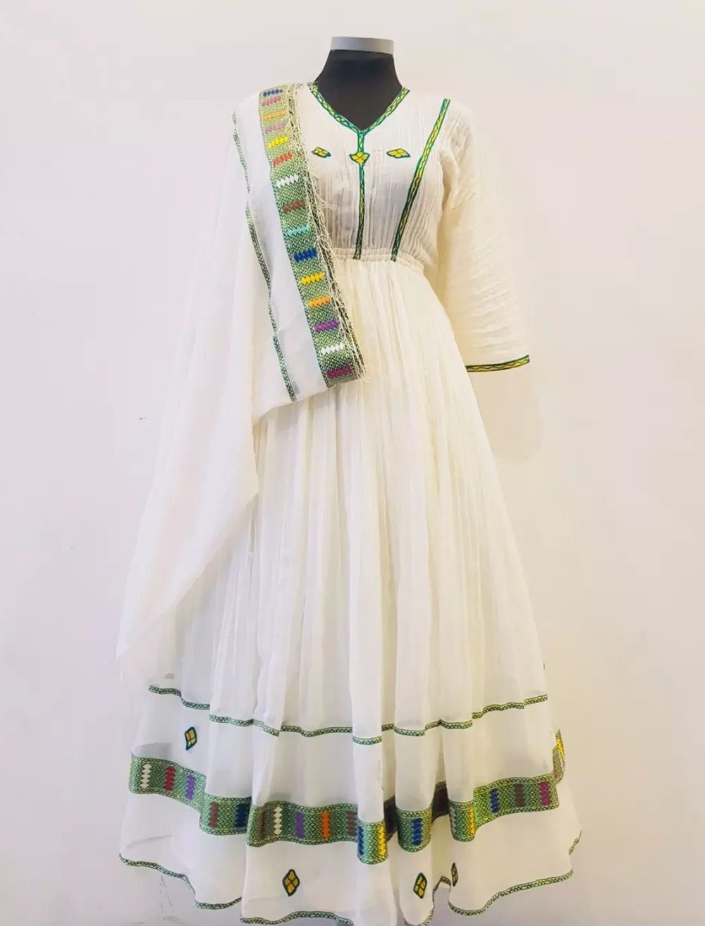 Zuria Habesha Kemis – White with Green Tibeb (Style 12) – Azmarino Fashion Boutique