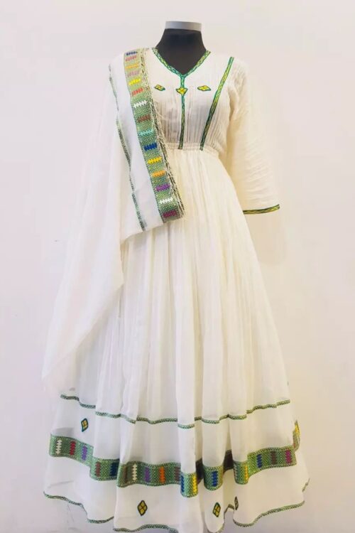 Zuria Habesha Kemis – White with Green Tibeb (Style 12) – Azmarino Fashion Boutique