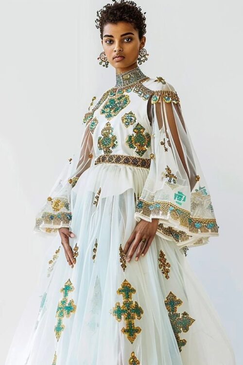Zuria Habesha Kemis – White with Green Tibeb (Style 13) – Azmarino Fashion Boutique
