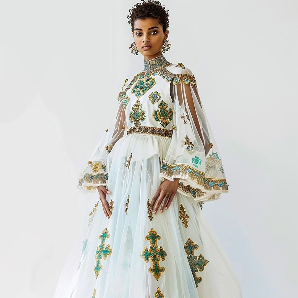Zuria Habesha Kemis – White with Green Tibeb (Style 13) – Azmarino Fashion Boutique