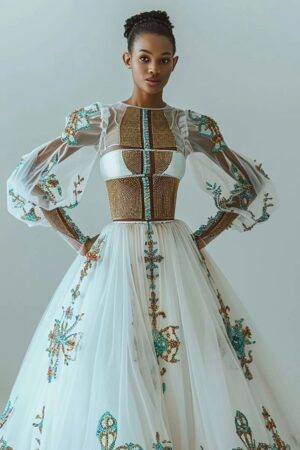 Zuria Habesha Kemis – White with Green Tibeb (Style 13) – Azmarino Fashion Boutique – view 2