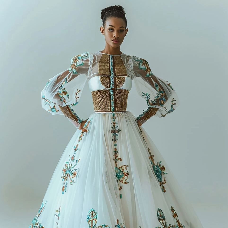 Zuria Habesha Kemis – White with Green Tibeb (Style 13) – Azmarino Fashion Boutique – view 2