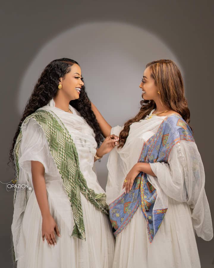 Zuria Habesha Kemis – White with Green Tibeb (Style 14) – Azmarino Fashion Boutique