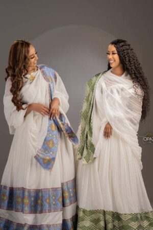 Zuria Habesha Kemis – White with Green Tibeb (Style 14) – Azmarino Fashion Boutique – view 2