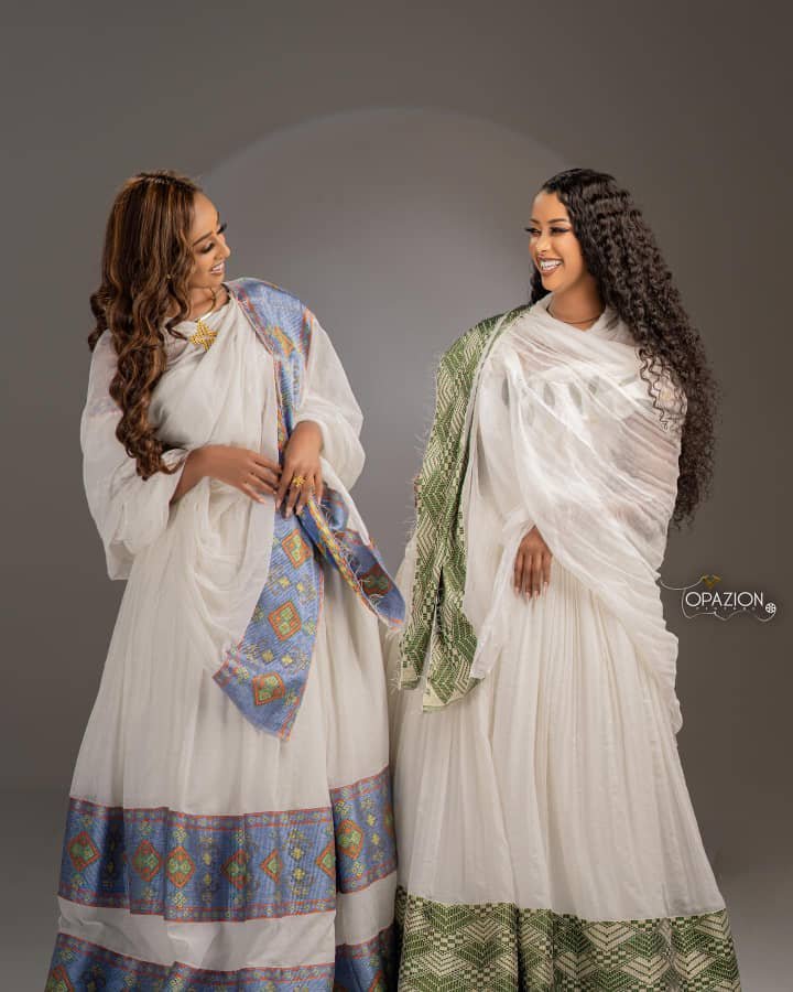 Zuria Habesha Kemis – White with Green Tibeb (Style 14) – Azmarino Fashion Boutique – view 2