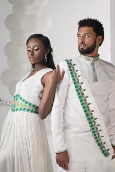 Zuria Habesha Kemis – White with Green Tibeb (Style 15)