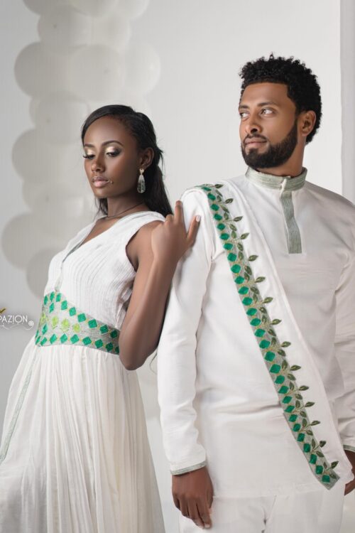 Zuria Habesha Kemis – White with Green Tibeb (Style 15) – Azmarino Fashion Boutique