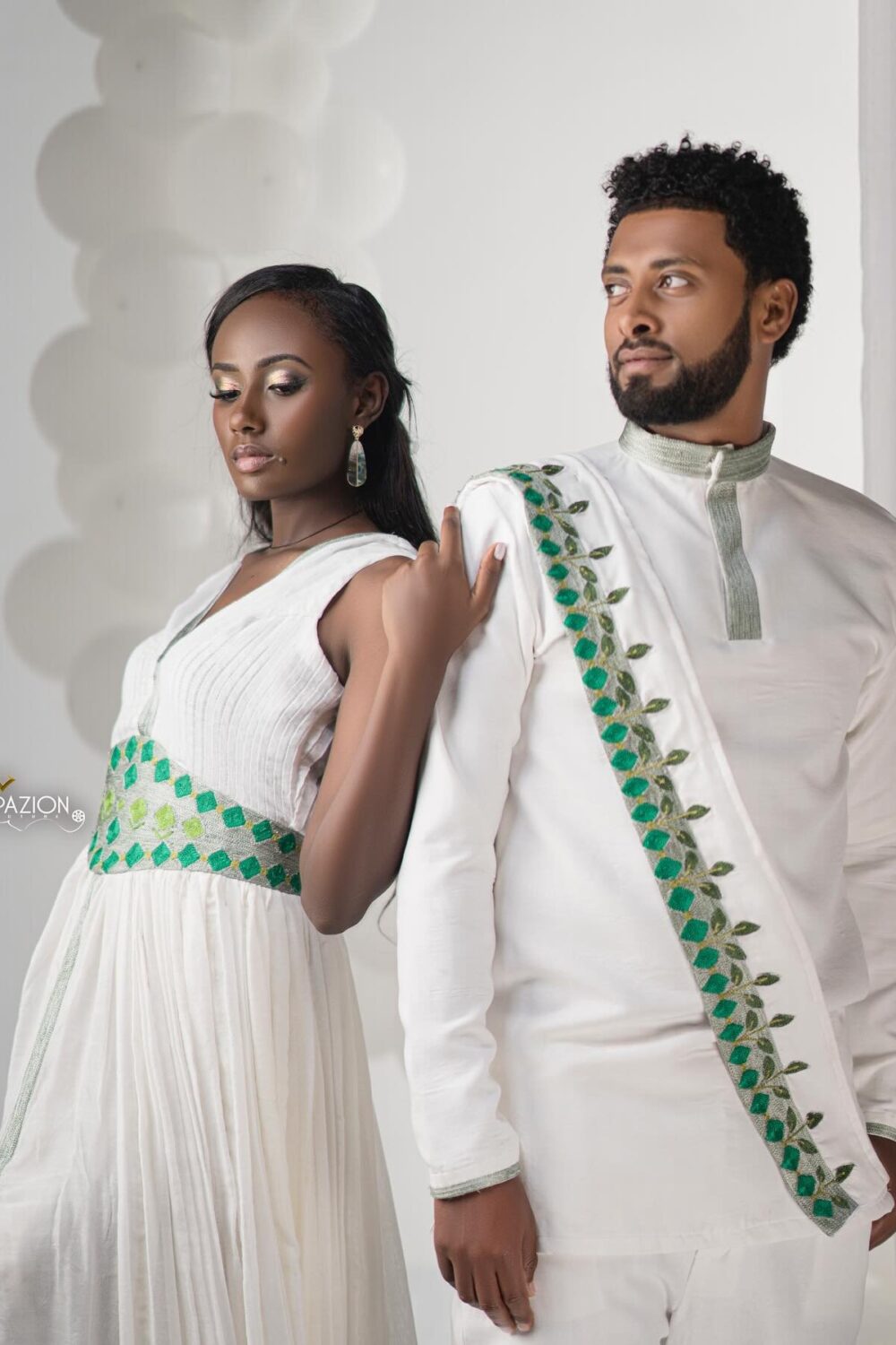 Zuria Habesha Kemis – White with Green Tibeb (Style 15) – Azmarino Fashion Boutique – view 2